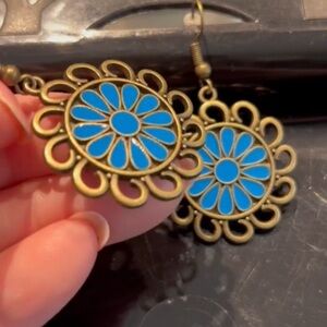Antique Gold Tone Blue Enamel Sunflower Earrings